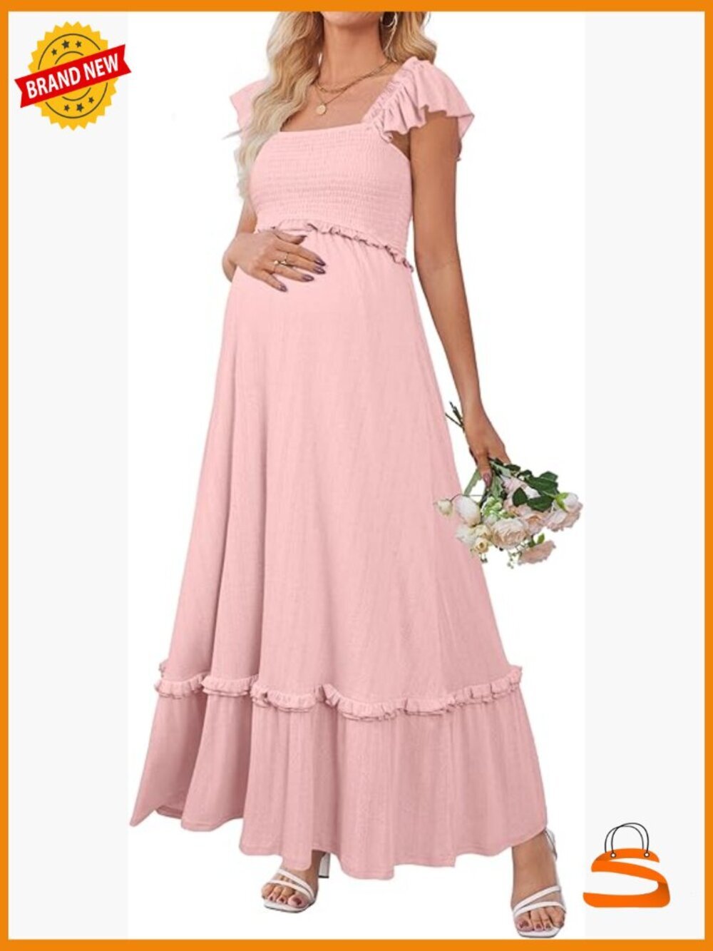 Maternity Photoshoot Boho Maxi Dress Ruffle Sleeve Smocked Summer
